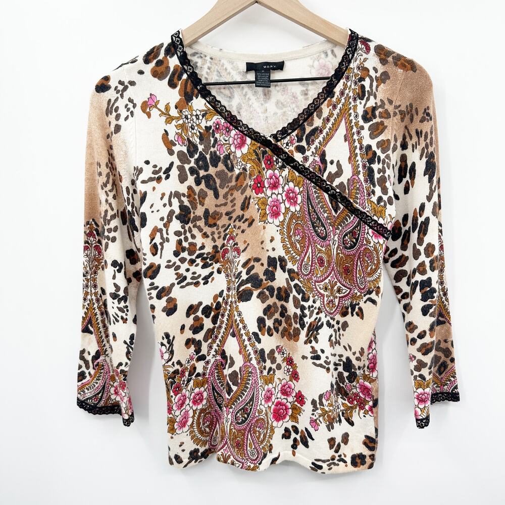 Vintage Y2K Floral‎ Paisley Cheetah Print Angora Lace Trim Sweater Size M